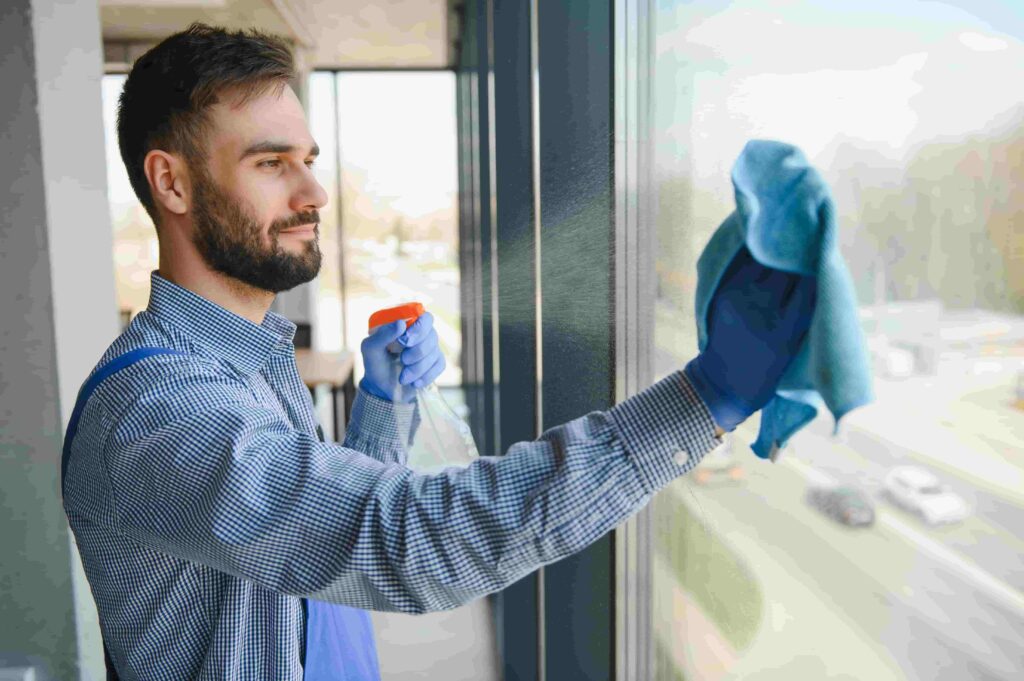 male worker washing window glass.