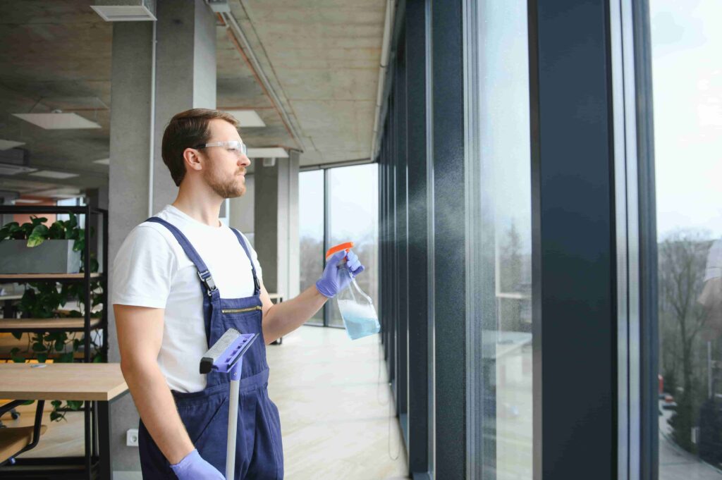 Büro & Unterhaltsreinigung an employee of a professional cleaning service washes the glass of the windows of the building. showcase cleaning for shops and businesses.